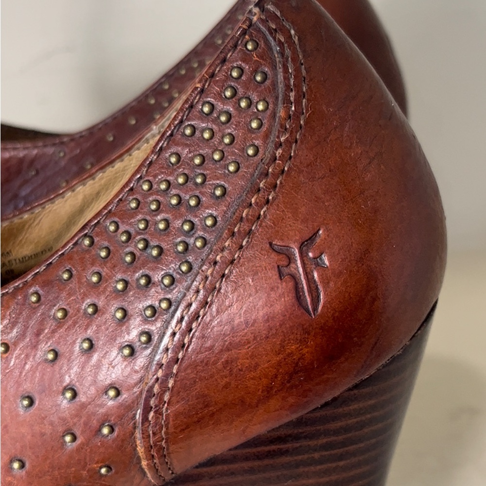 Frye Women’s Chelsea Studded Peep Toe Leather Lace Up Platform Heels Size 9.5 - Picture 6 of 11